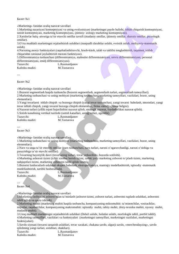 Oraliq nazorat savollari marketing fanidan