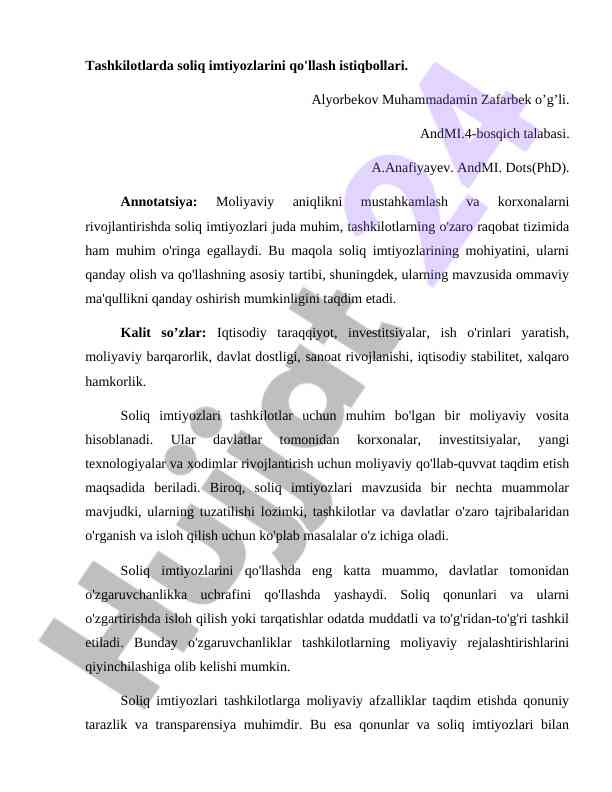 Tashkilotlarda soliq imtiyozlarini qo'llash