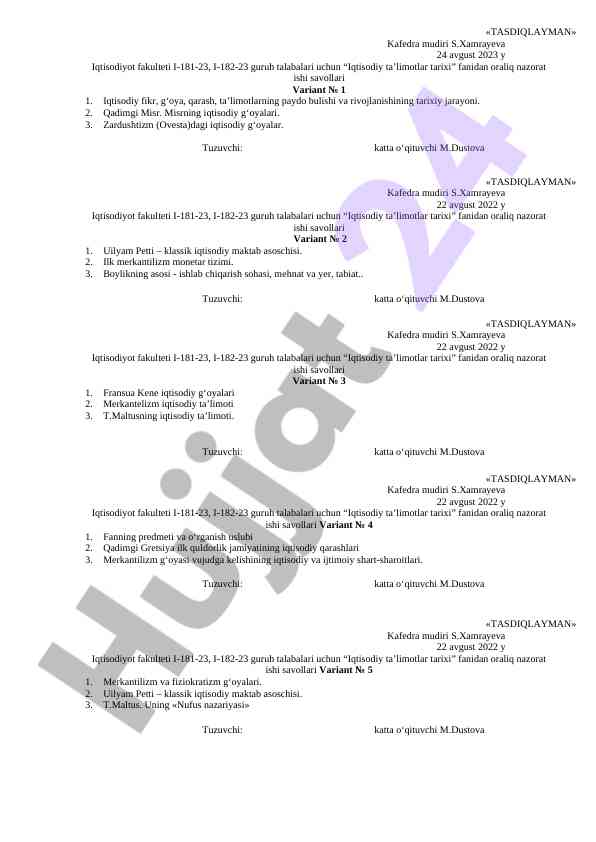 Iqtisodiy ta'limotlar tarixi oraliq nazorat savollari