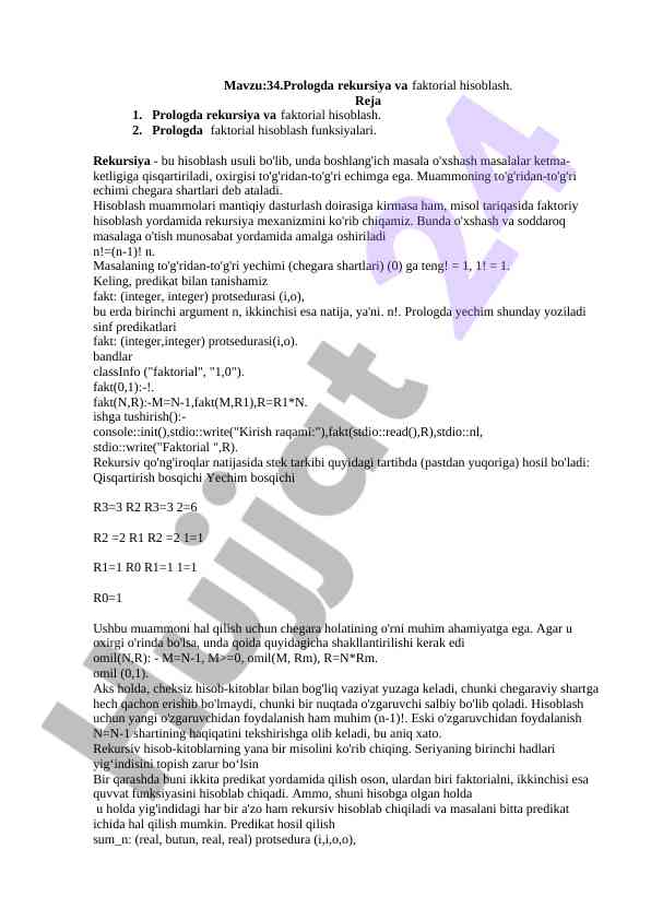 Prologda rekursiya va faktorial hisoblash