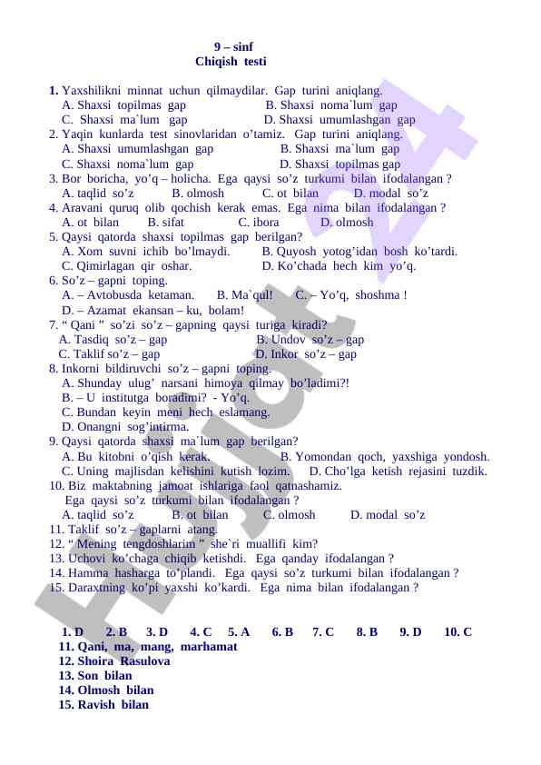 9-sinf chiqish testi savollari va javoblari