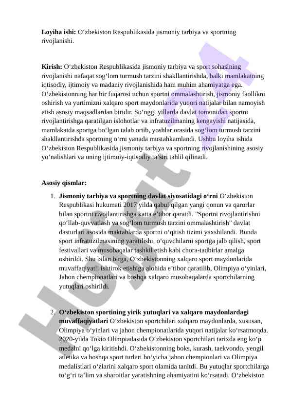 O‘zbekiston Respublikasida Sportning Rivojlanishi