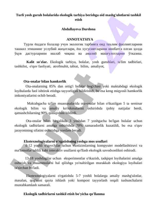 Ekologik tarbiya berishga oid mashg'ulotlar tashkil etish