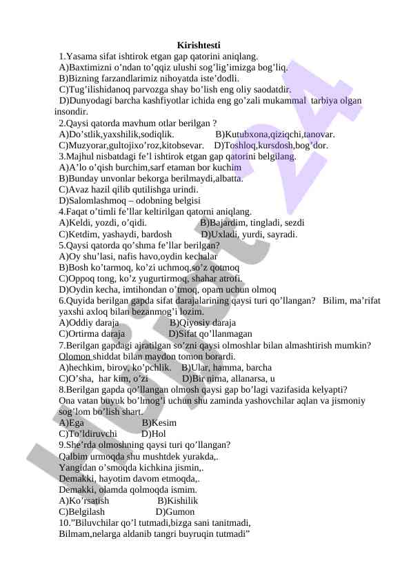 Tilshunoslik bo'yicha test savollari