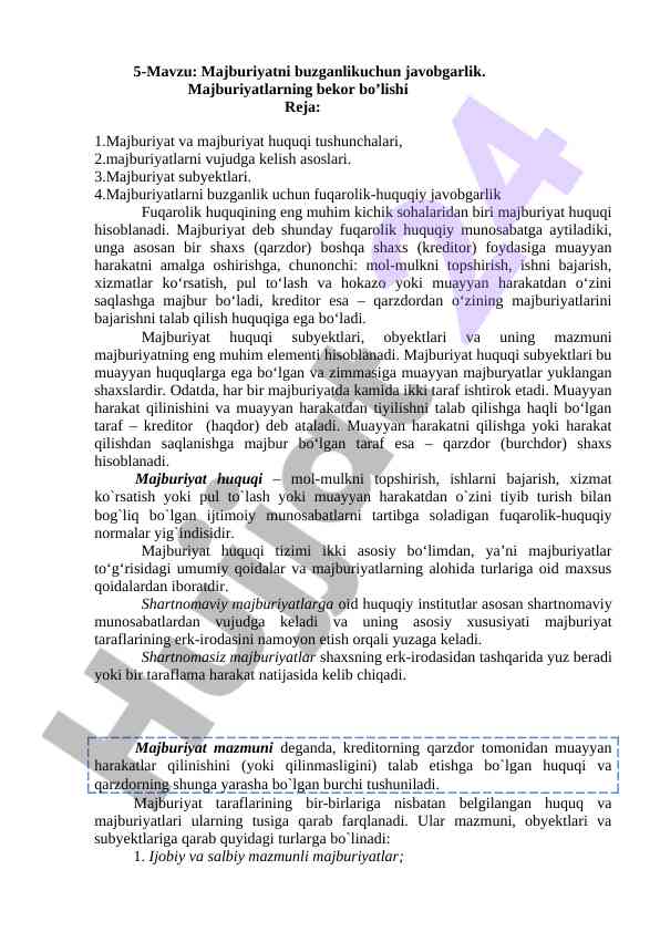Majburiyatlarni buzganlik uchun javobgarlik mavzusi
