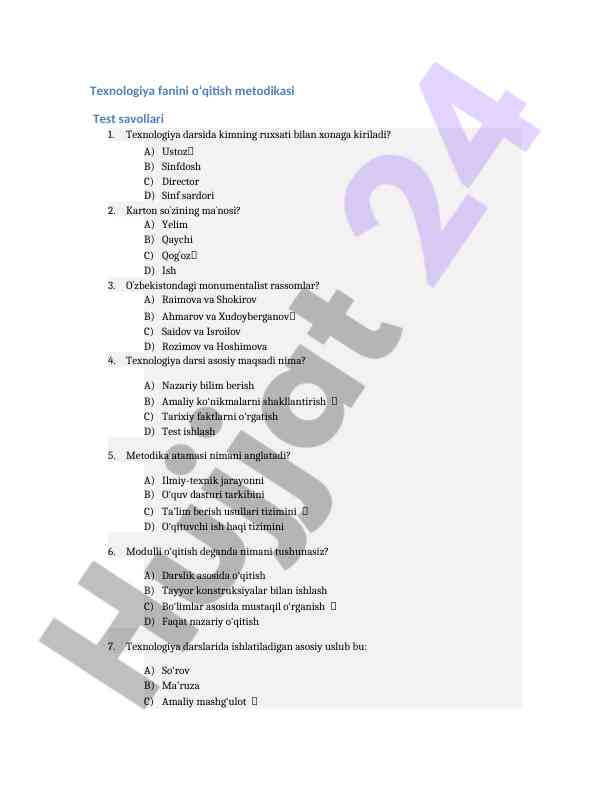 Texnologiya Fanini O‘qitish Metodikasi Test Savollari
