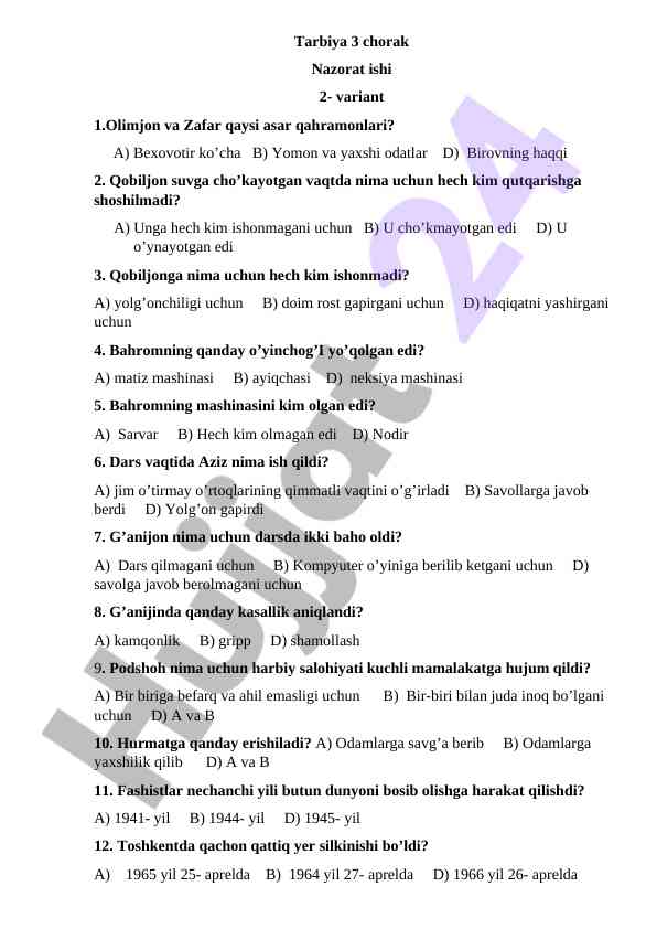 Tarbiya 3 chorak nazorat ishi savollari