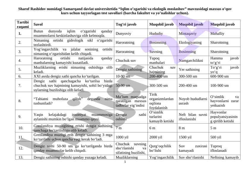 Iqlim o'zgarishi va ekologik moslashuv test savollari