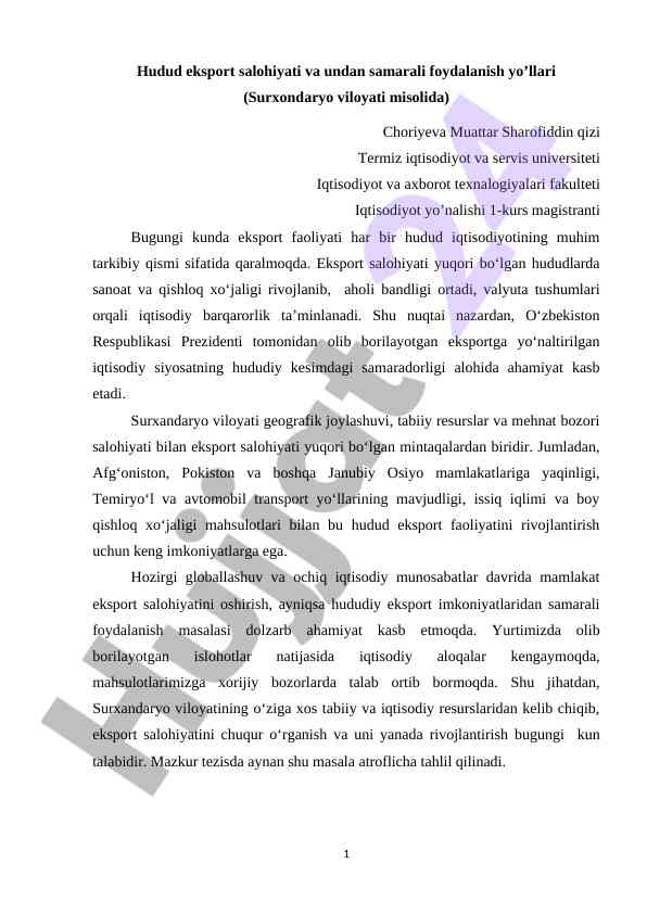 Hudud eksport salohiyati va foydalanish yo‘llari