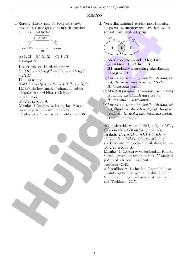 Kimyo fanidan namunaviy test topshiriqlari