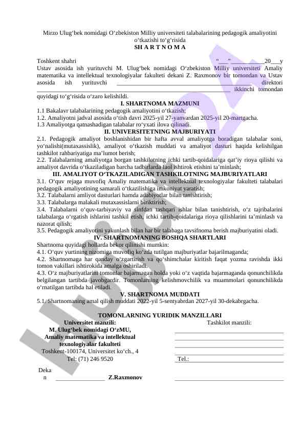 Pedagogik amaliyot o‘tkazish to‘g‘risida shartnoma