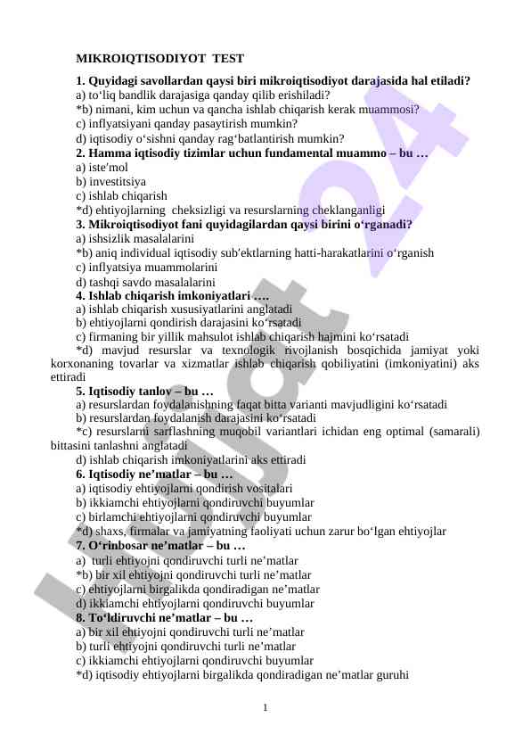 Mikroiqtisodiyot test savollari bo'yicha tahlil