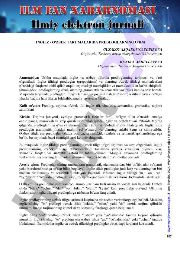 Predloglarning ingliz o'zbek tarjimasi tahlili