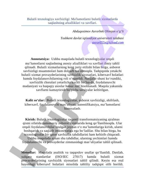 Bulutli texnologiya xavfsizligi va ma'lumotlarni saqlash