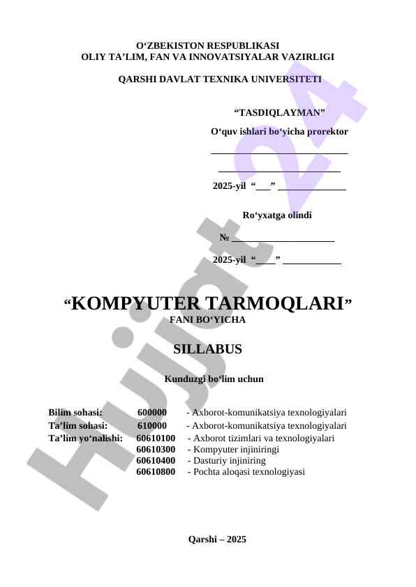 Kompyuter tarmoqlari fani bo‘yicha sillabus
