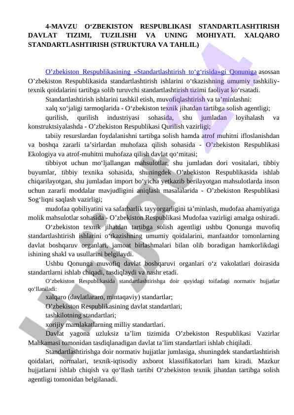 O‘zbekiston respublikasi standartlashtirish tizimi tahlili