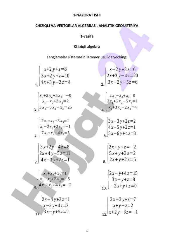 Chiziqli va vektorlar algebrasi vazifalari