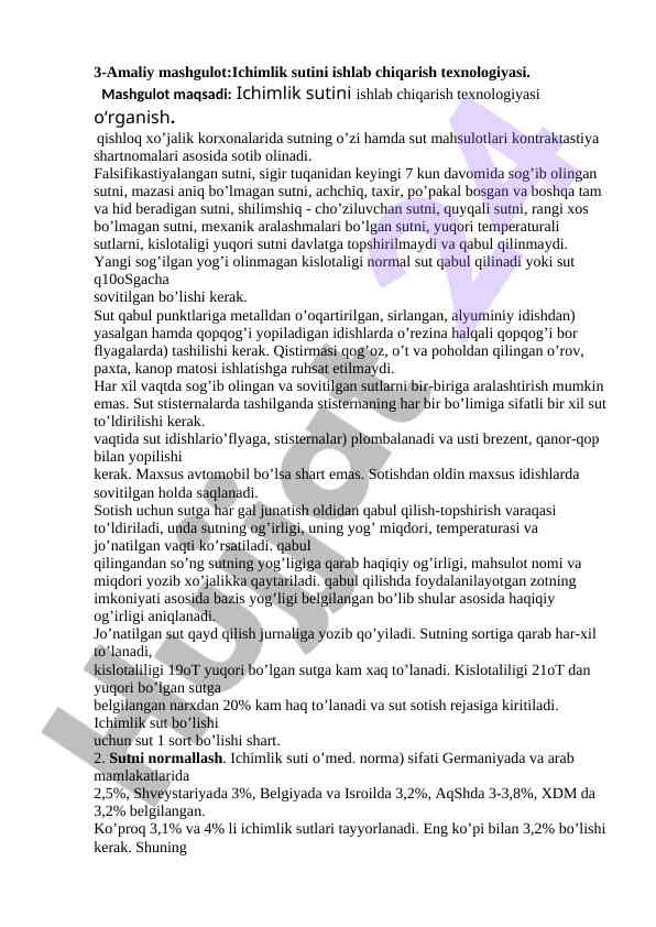 Ichimlik sutini ishlab chiqarish texnologiyasi o‘rganish