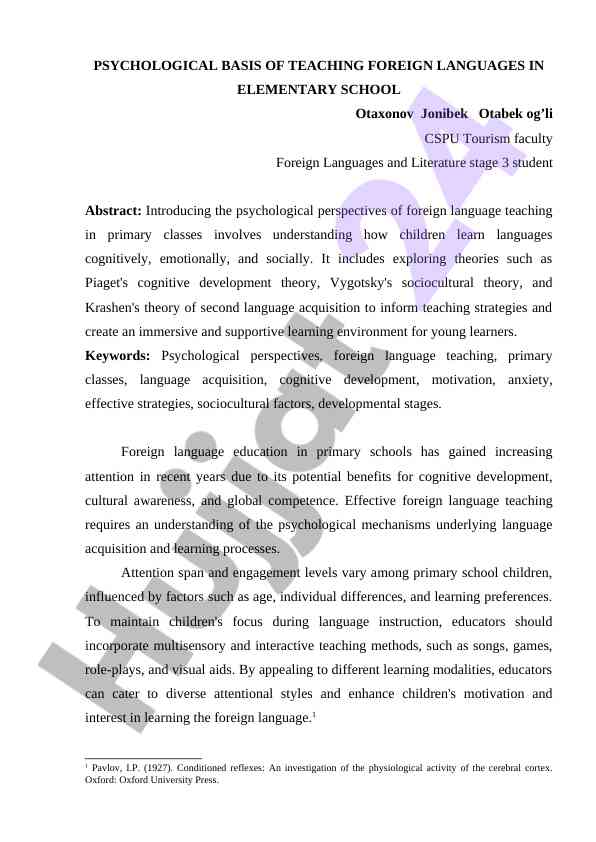 Birinchi sinfda tashqi til o‘qitish psixologiyasi