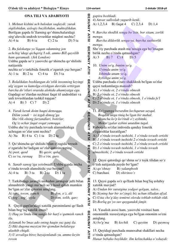 O’zbek tili va adabiyot testi 114-variant