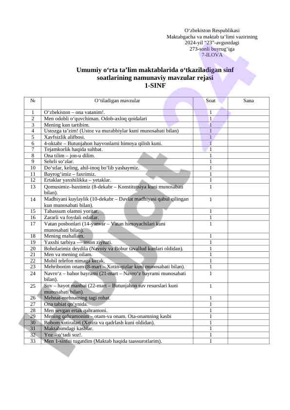 1-sinf darslari uchun mavzular rejasi