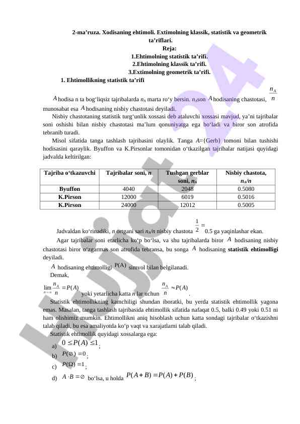 Ehtimolning statistik ta’riflari
