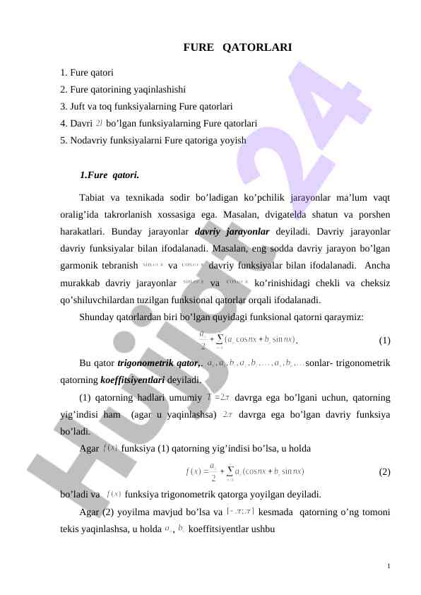Fure qatorlari va davriy jarayonlar tahlili