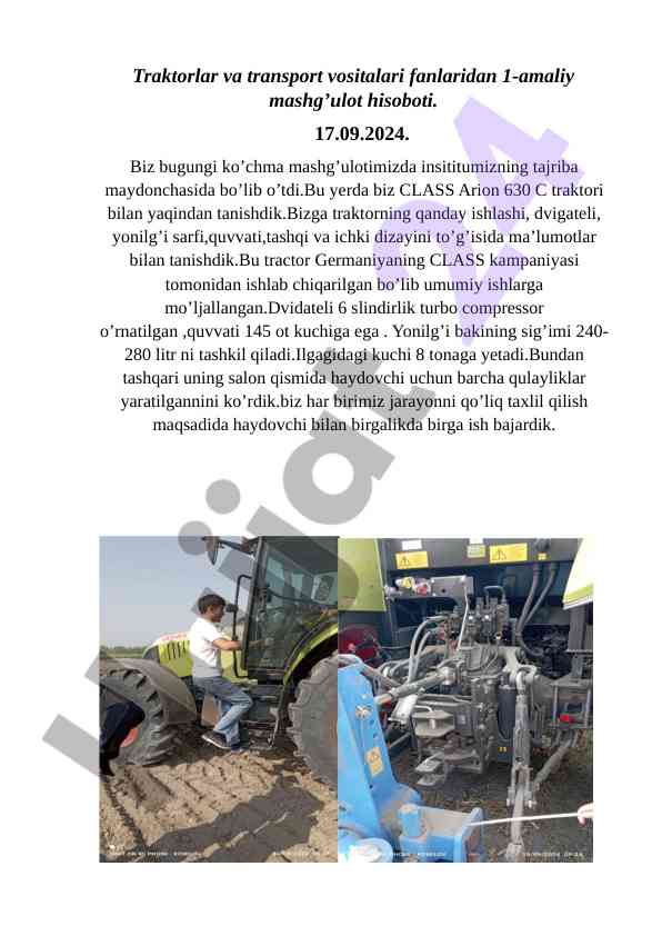 Traktorlar va transport vositalari amaliy mashg'ulot hisoboti
