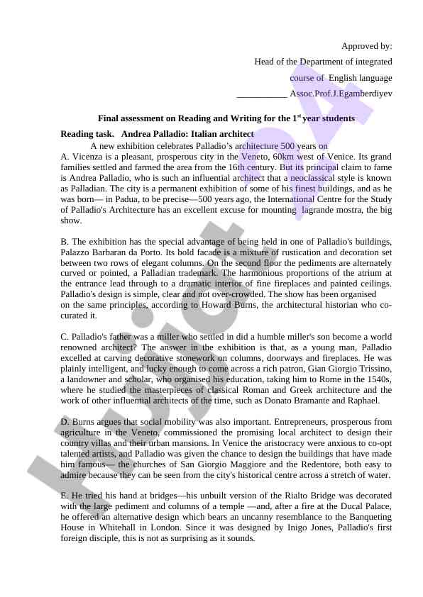 Final assessment on reading and writing course