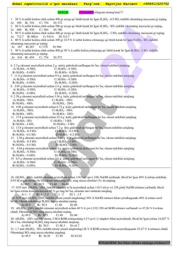 Sulfat kislota massasi hisobi bo'yicha test