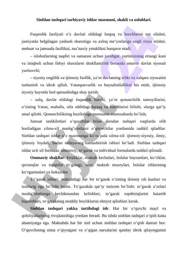 Sinfdan tashqari tarbiyaviy ishlar uslublari