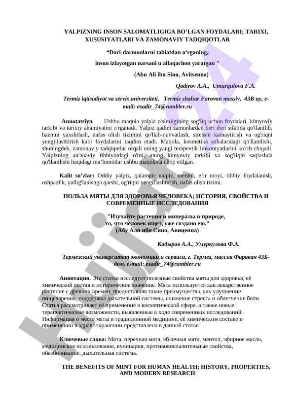 Yalpizning inson salomatligiga foydalari va tadqiqotlar