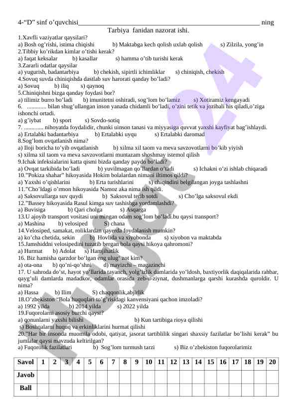 Tarbiya fanidan nazorat ishining savollari