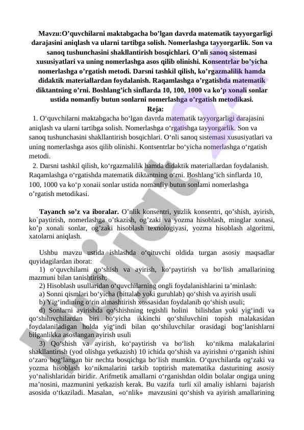 Matematik tayyorlash maktabgacha davrda o'quvchilar uchun