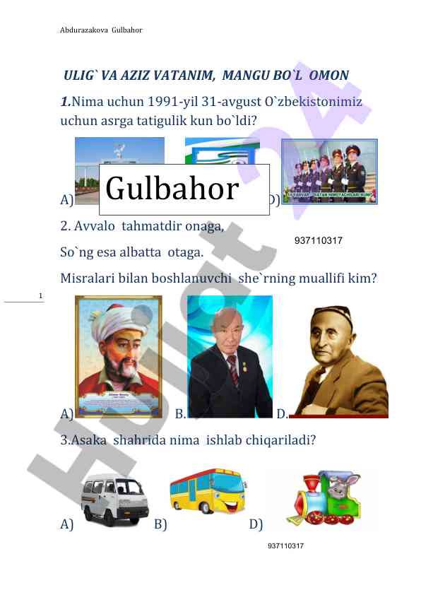 O‘zbekistonning tarixi va adabiyoti boyicha test