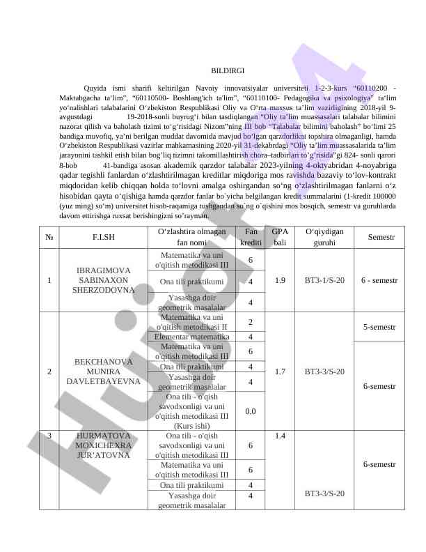 Talabalar bilimini baholash tizimi to'g'risida