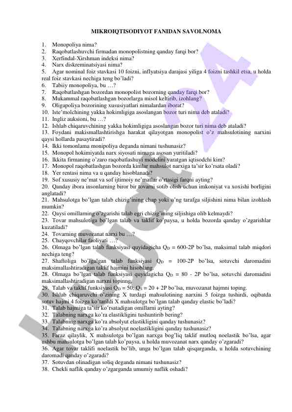 Mikroiqtisodiyot fanidan savolnoma bilan tanishing