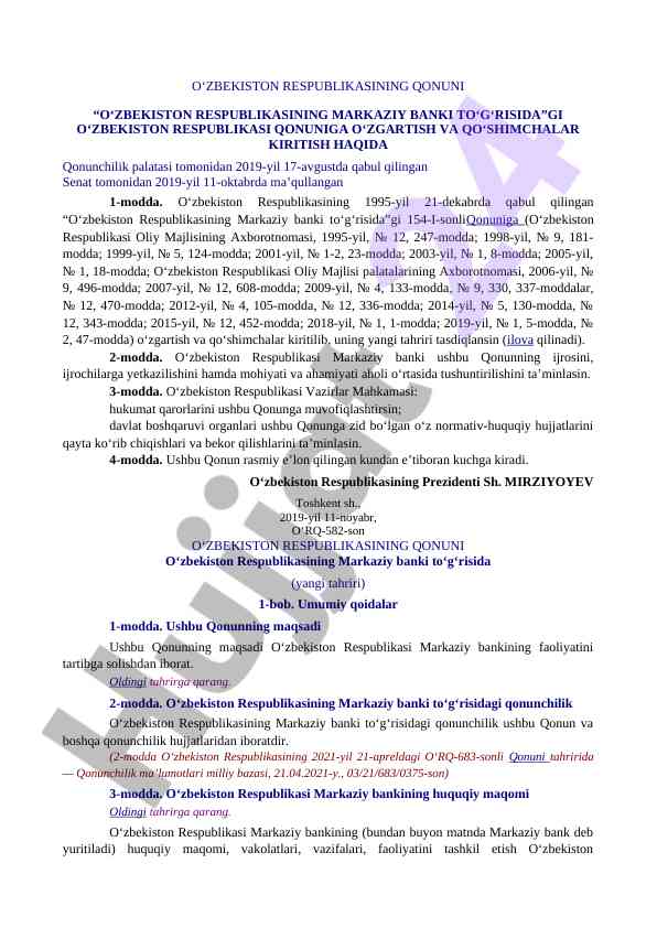 O‘zbekiston markaziy banki qonuniga o‘zgartishlar kiritish