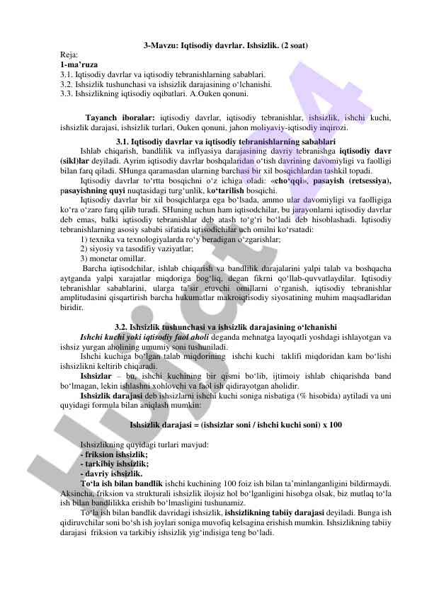 Iqtisodiy davrlar va ishsizlik tushunchasi