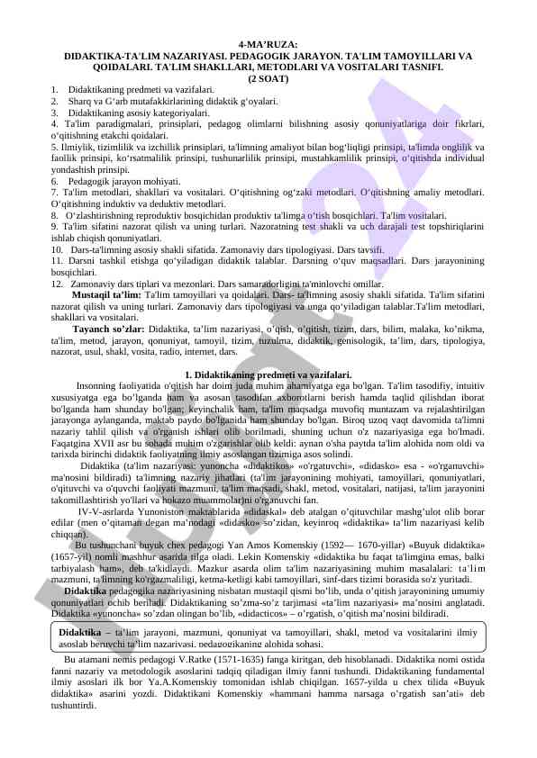 Didaktika-ta'lim nazariyasi asoslari va usullari