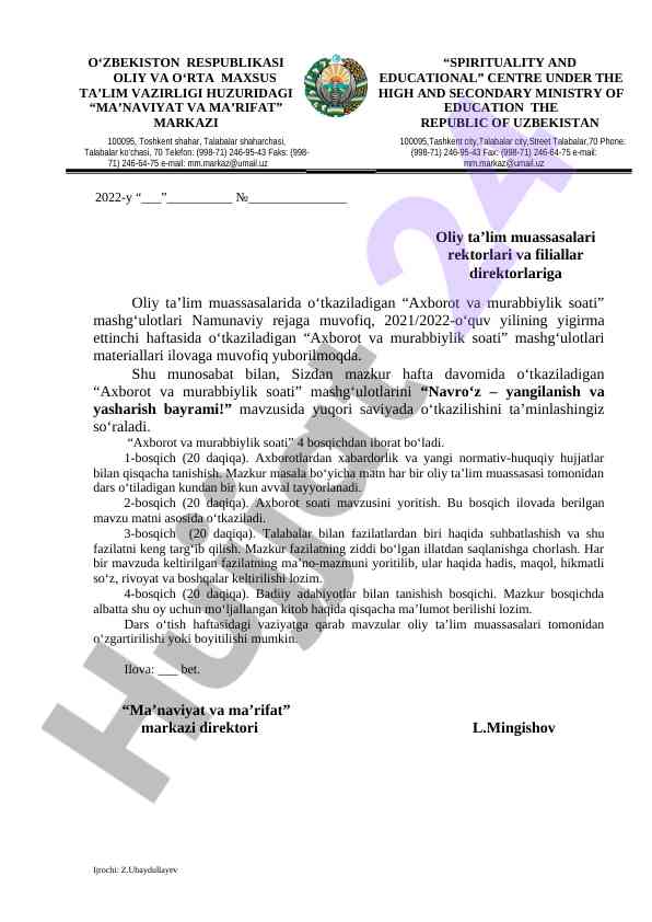 Axborot va murabbiylik soati mashg‘ulotlari rejasi