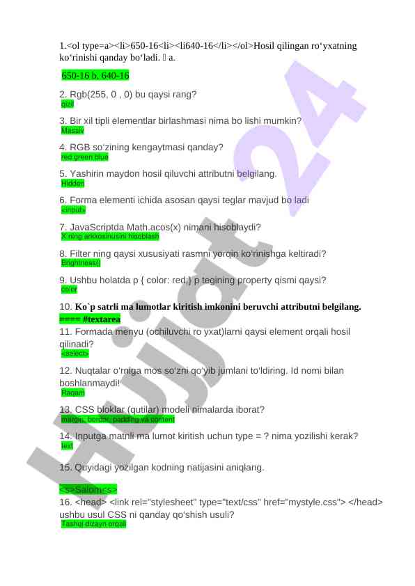 Web dasturlash test savollari