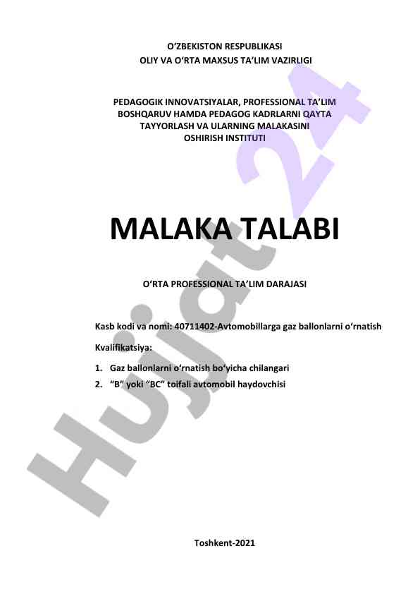 Gaz ballonlarni o‘rnatish malaka talabi