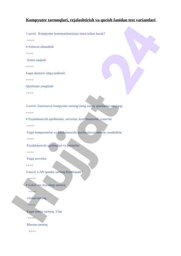 Kompyuter tarmoqlari test variantlari