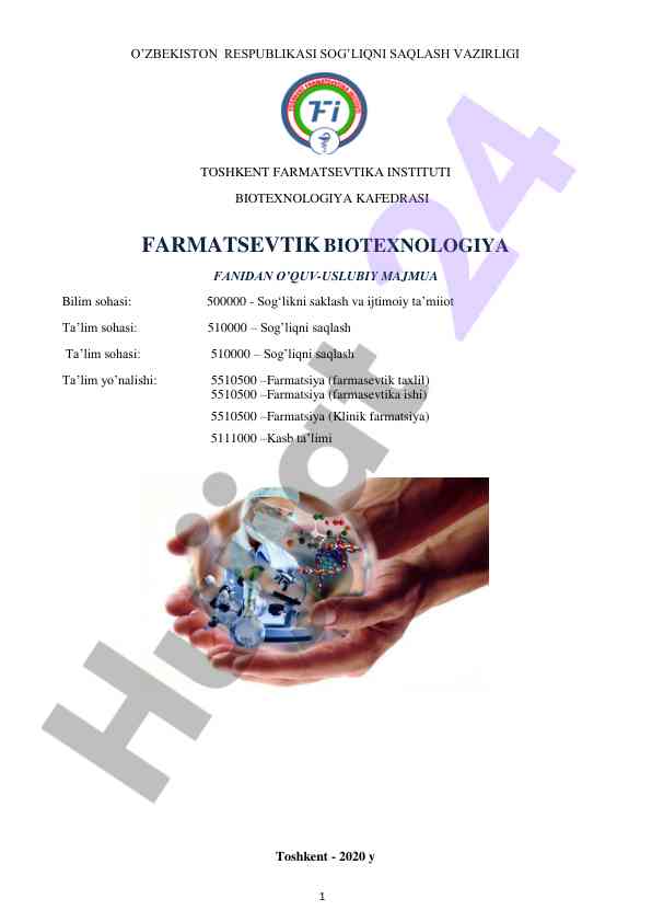 Farmatsevtik biotexnologiya fanidan o‘quv-uslubiy majmua