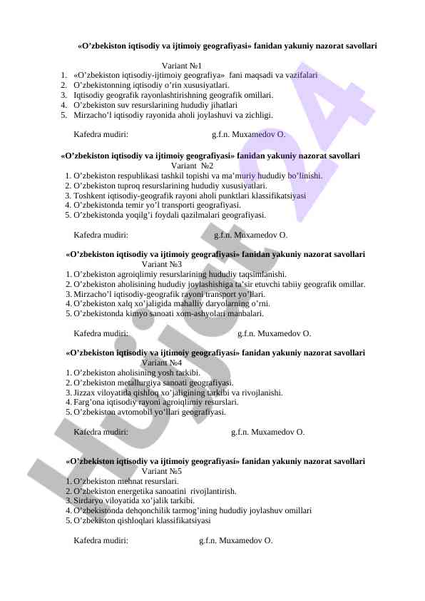 O‘zbekiston iqtisodiy va ijtimoiy geografiyasi bo‘yicha savollar