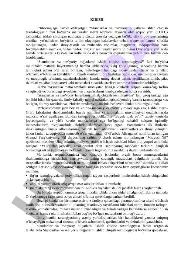 Standartlar va me’yoriy hujjatlarni ishlab chiqish texnologiyasi