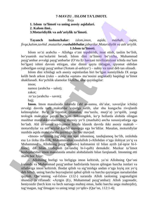Islom ta'limoti va uning asosiy aqidalari