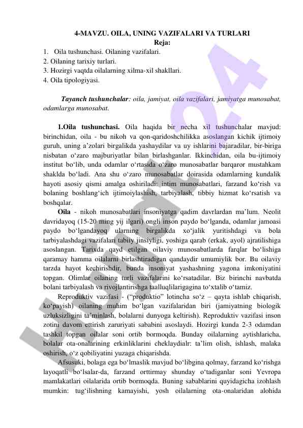Oila vazifalari va turlari tahlili