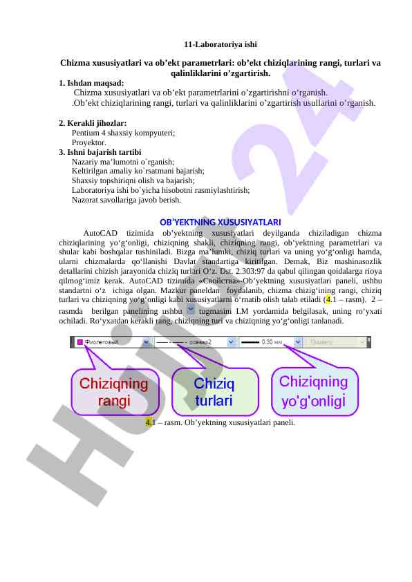 Laboratoriya ishlari chizma xususiyatlari va ob'ekt parametrlari